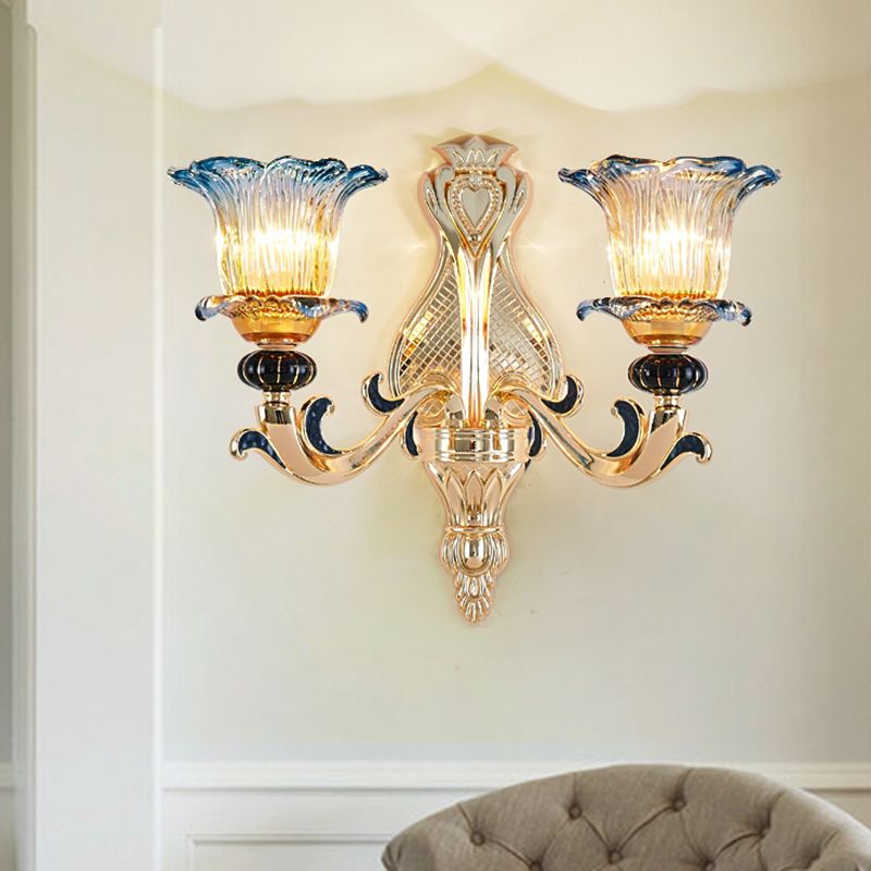 2 Bulbs Flower Wall Sconce Antiqued Light Gold Clear Ruffle Glass Wall Mounted Lamp with Curved Arm