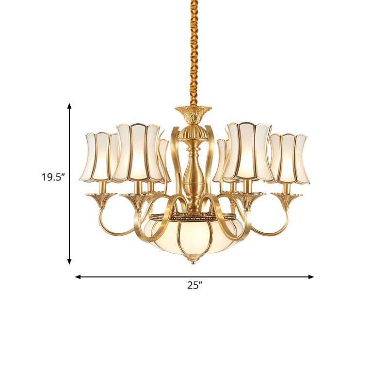 6 Heads Chandelier Lighting Colony Sputnik Metal Suspended Lighting in Gold with Scallope Frosted White Glass Shade