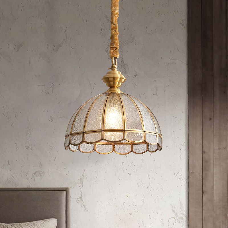 Antiqued Gold Hanging Light Traditional Water Glass Dome Pendant Lighting with Scalloped Edge