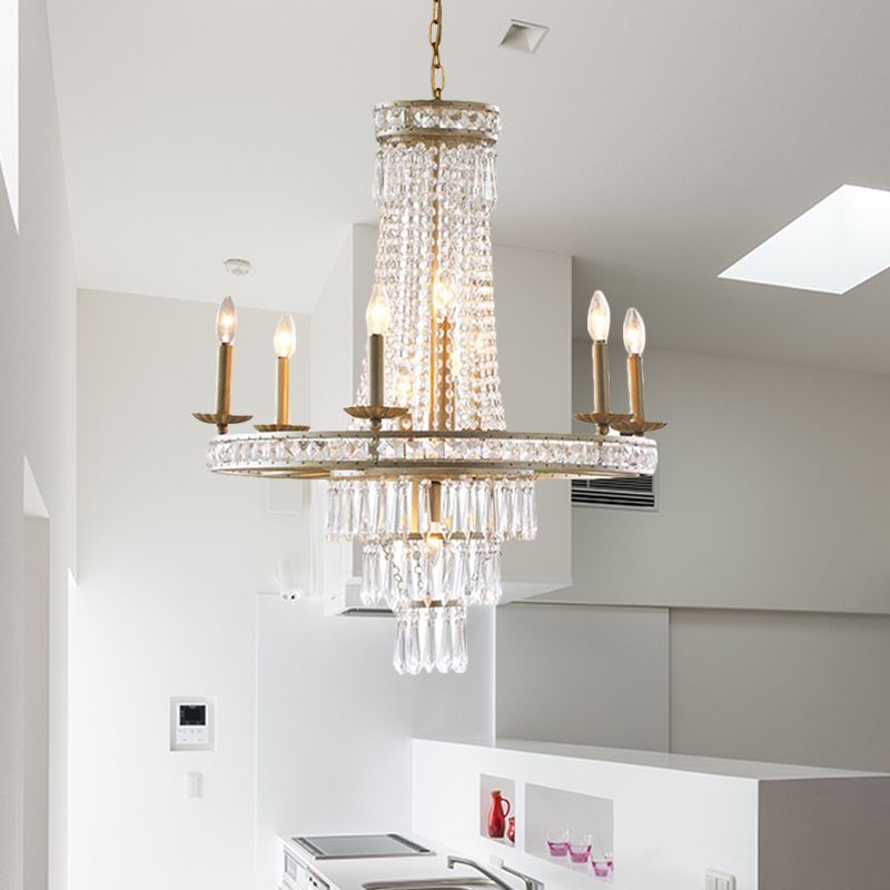 Silver 8/10 Lights Chandelier Countryside Crystal Tiered Ceiling Suspension Lamp for Living Room