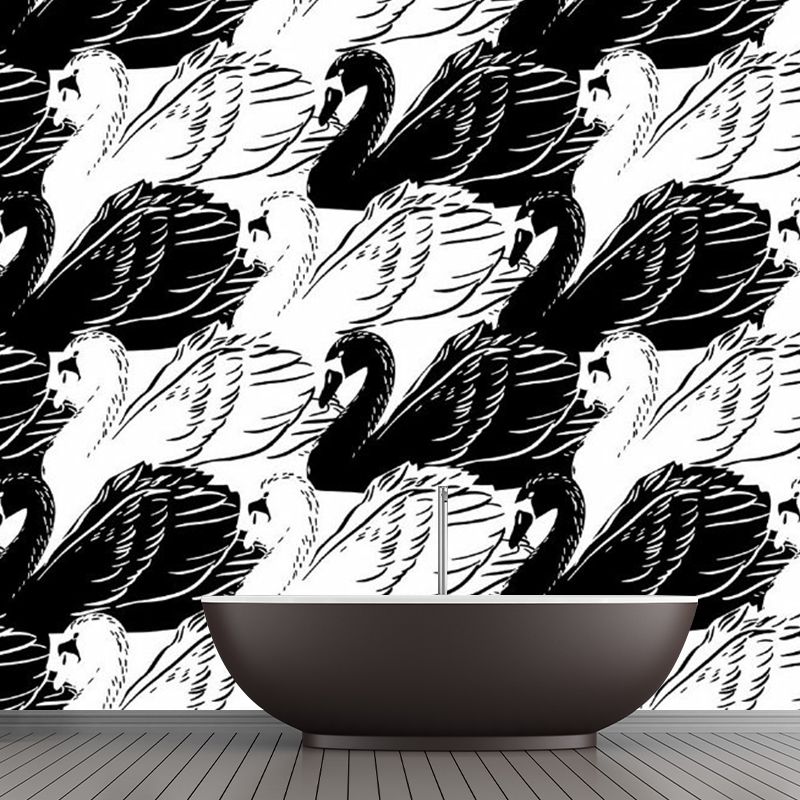 Black-White Swan Wall Murals Decal Stain-Resistant Wall Covering for Living Room