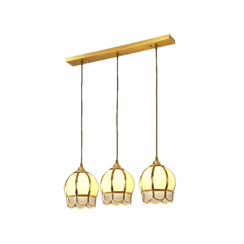 3 Heads Dome Shaped Multi Ceiling Lamp Simplicity Gold Ripple Glass Suspension Light Fixture