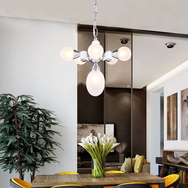 Sphère et ovale en verre blanc pendentif pendentif moderne multi-lumières chrome LED suspendu lampe avec chaîne