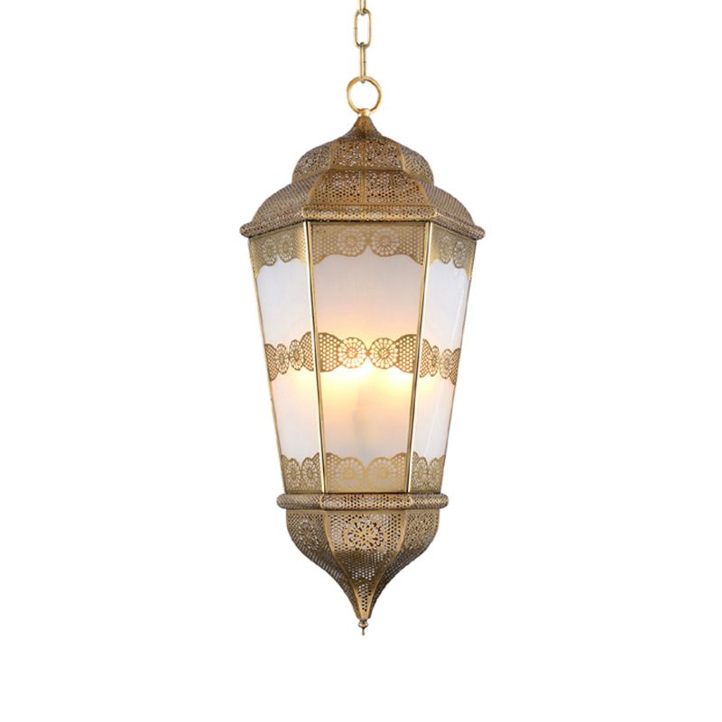 Metal Lantern Chandelier Southeast Asia 3 Bulbs Restaurant Pendant in Brass with Frosted Glass Shade