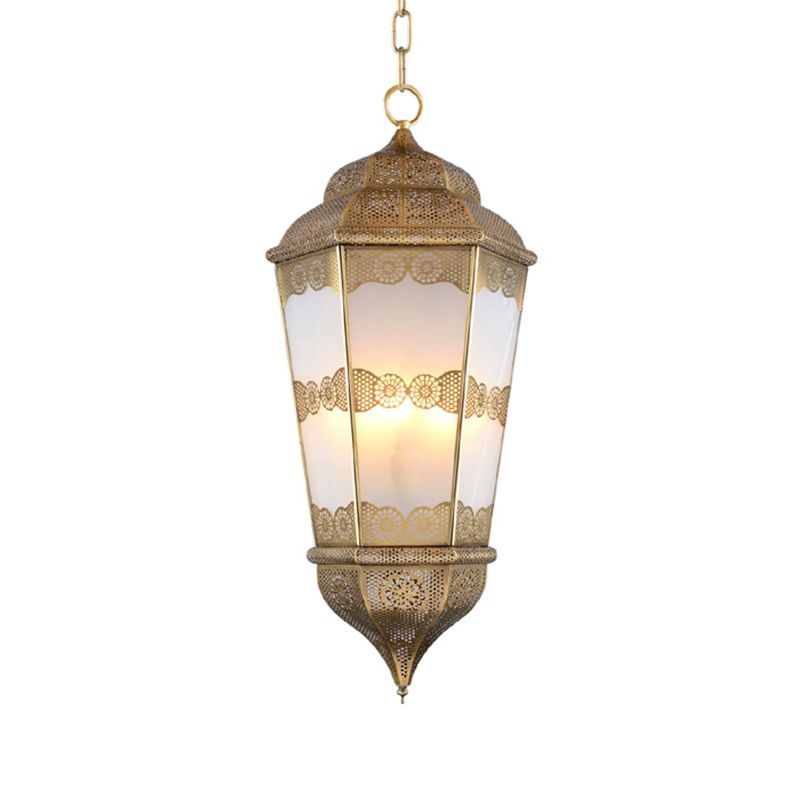 Metal Lantern Chandelier Southeast Asia 3 Bulbs Restaurant Pendant in Brass with Frosted Glass Shade