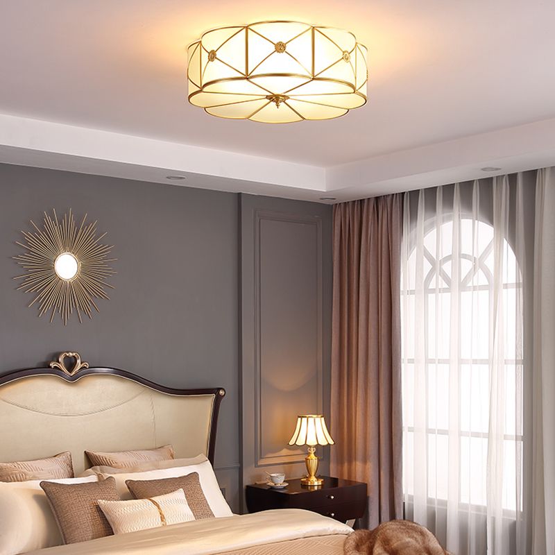 Golden Drum Glass Ceiling Light Fixture Colonial Style Flush Mount Light for Sitting Room
