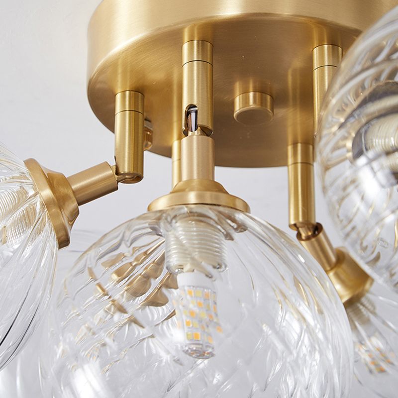 Post-Modern Ball Semi Mount Lighting Clear Twist Glass Dining Room Flush Ceiling Light in Brass