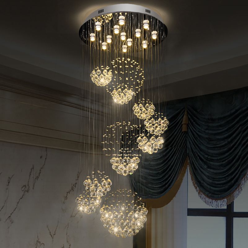 Spiraling Crystal Sphere Ceiling Light Modern 13-Bulb Stainless Steel Flush Mounted Light Fixture