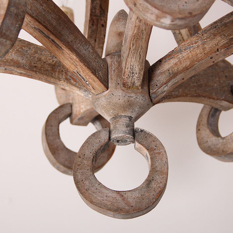 Wooden Candlestick Chandelier Pendant Light Vintage 6 Bulbs Living Room Hanging Light