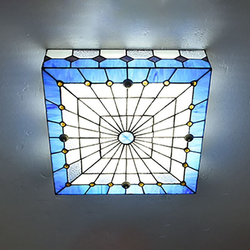 12"/16" W Blue Square Flushmount Light Tiffany Style Stained Glass 1 Light Ceiling Light Fixture for Dining Room