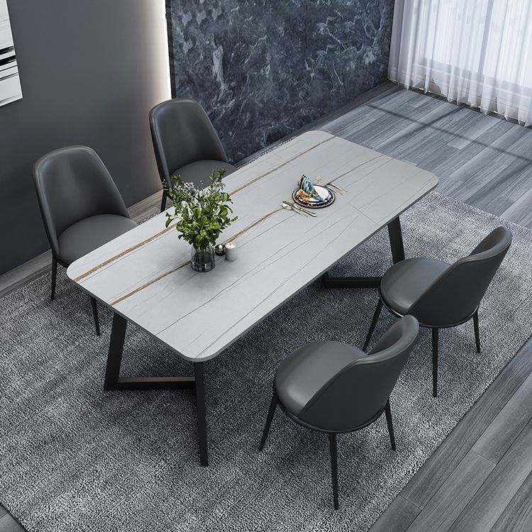 Modern Style Sintered Stone Dining Set with Rectangle Shape Table and Double Pedestal Base