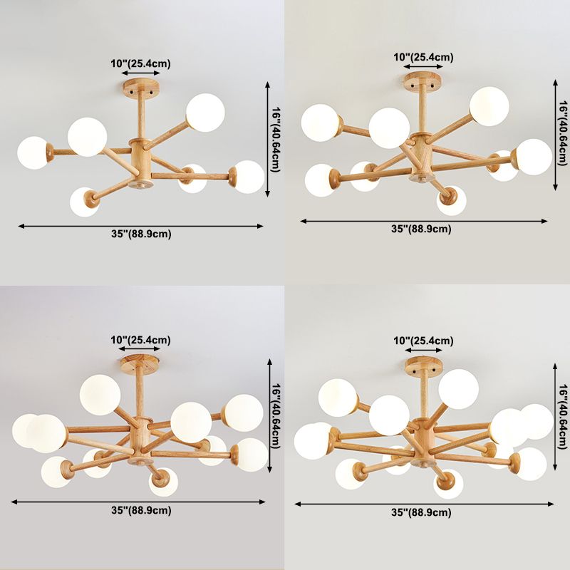 Modern Style Wooden Chandelier Ceiling Hanging Light Fixture with Glass Shade