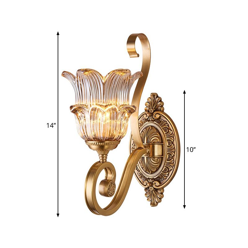 Brass 1/2-Bulb Wall Lighting Fixture Countryside Crystal Glass Flower Wall Light Sconce with Swooping Arm