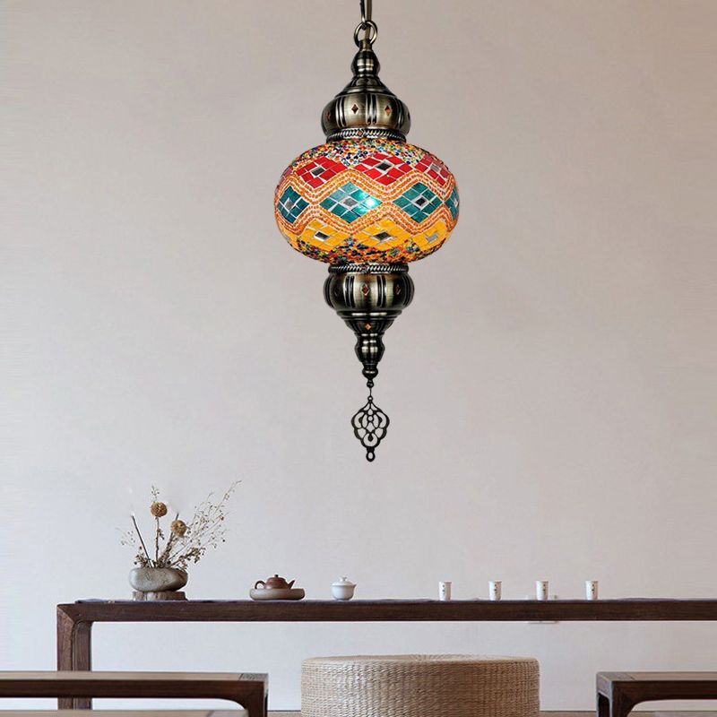 1 Head Cut Glass Ceiling Pendant Light Traditional Beige/Yellow/Blue Oval Dining Room Hanging Light Fixture