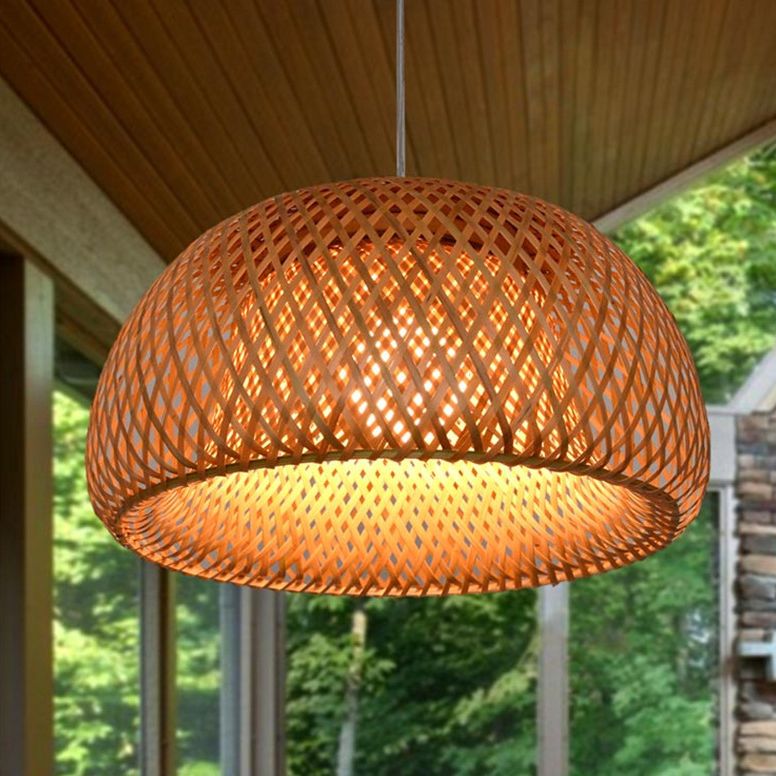 Double walled Hanging Lamp Kit Asian Bamboo 1-Light Beige Hanging Pendant for Restaurant