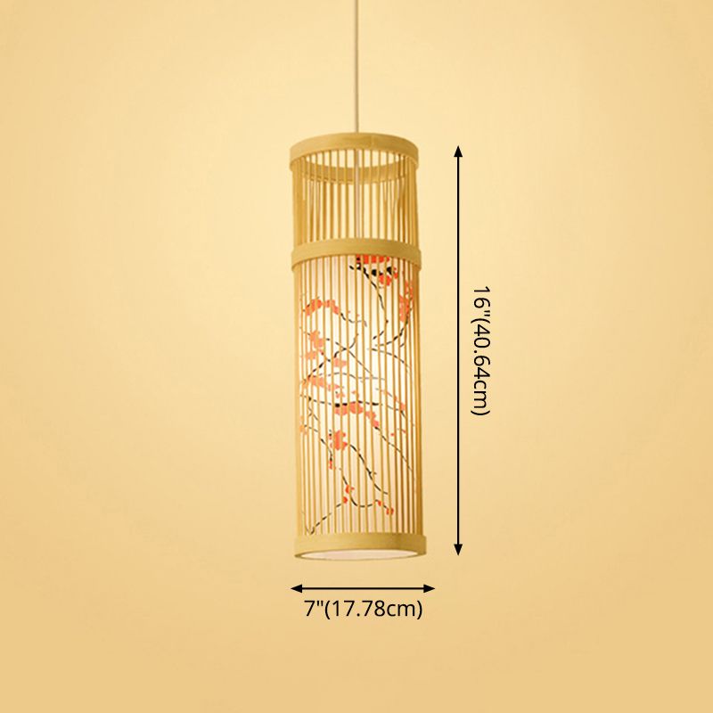 Chinoiserie gewebte Hängende Leuchten Bambus Single Tea Room Deckenleuchte mit Drucklampenkel