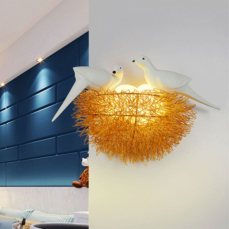 Gold Finish Bird Nest Flush Wall Sconce Art Deco 3 Lights Metal LED Wall Lamp Fixture with White Bird Decor