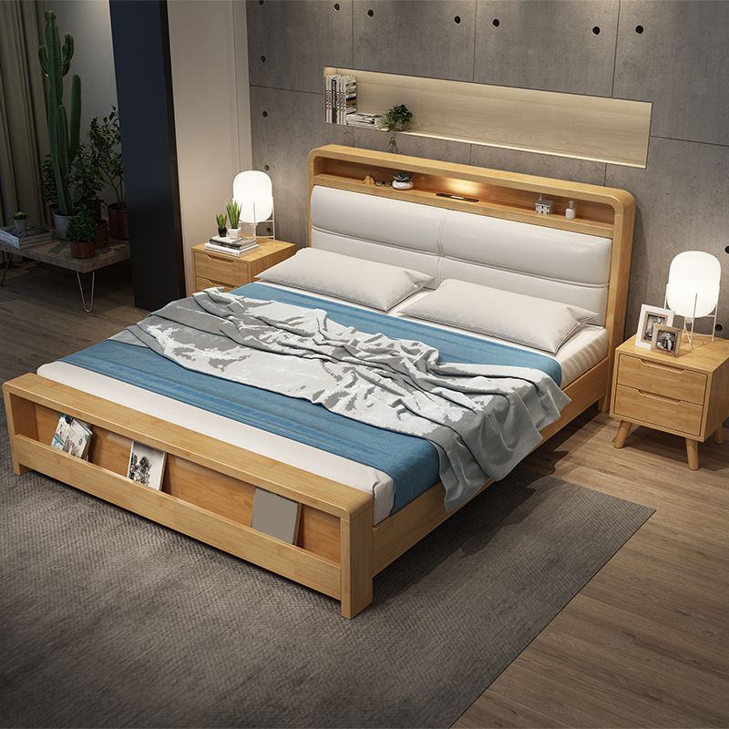 King & Queen Size Wood Panel Bed Nordic Upholstered Bed Frame with Storage