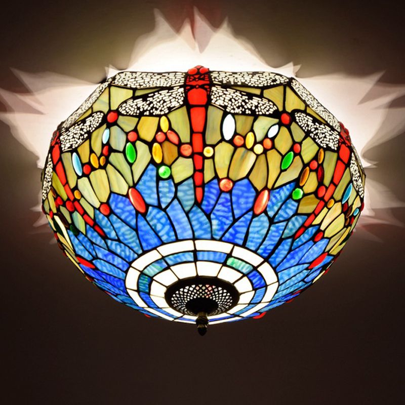 3 Heads Living Room Ceiling Mounted Fixture Tiffany Red/Yellow/Orange Flush Mount Lamp with Dragonfly Stained Glass Shade