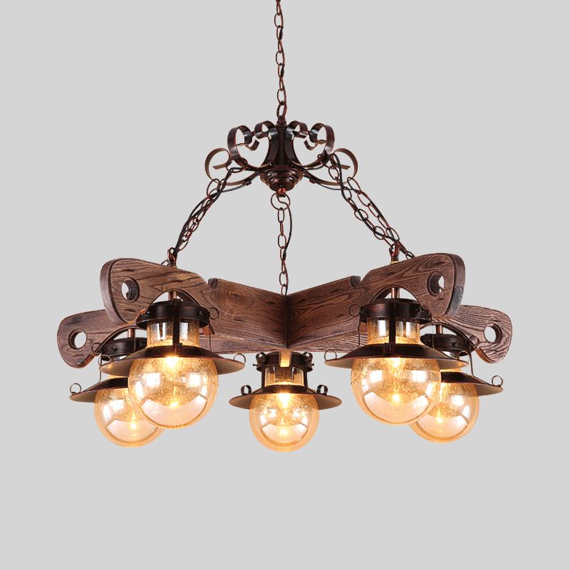 5/9 Lights Ball Pendant Lighting Cognac Seeded Glass Industrial Chandelier in Rust