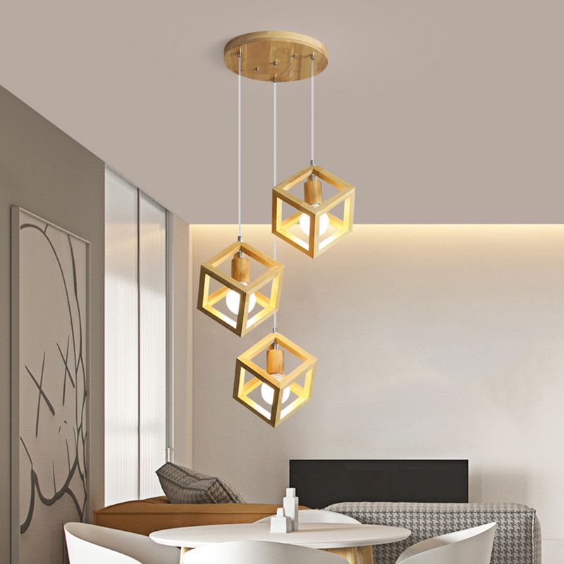 Geometric Dining Room Pendant Light Fixture Wooden Minimalist Hanging Lamp in Beige