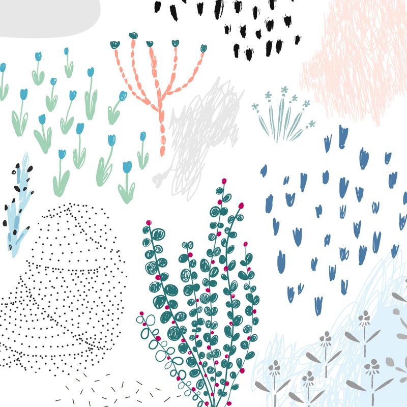 Pastel Plants Drawing Mural Decal Botanical Childrens Art Wall Decor for Nursery