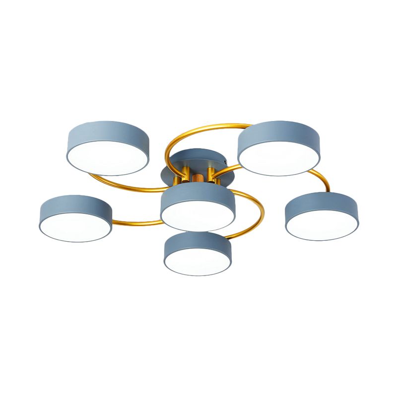 Small Drum Iron Semi Flush Light Fixture Nordic 6 Heads Grey LED Close to Ceiling Lamp with Gold Spiral Arm
