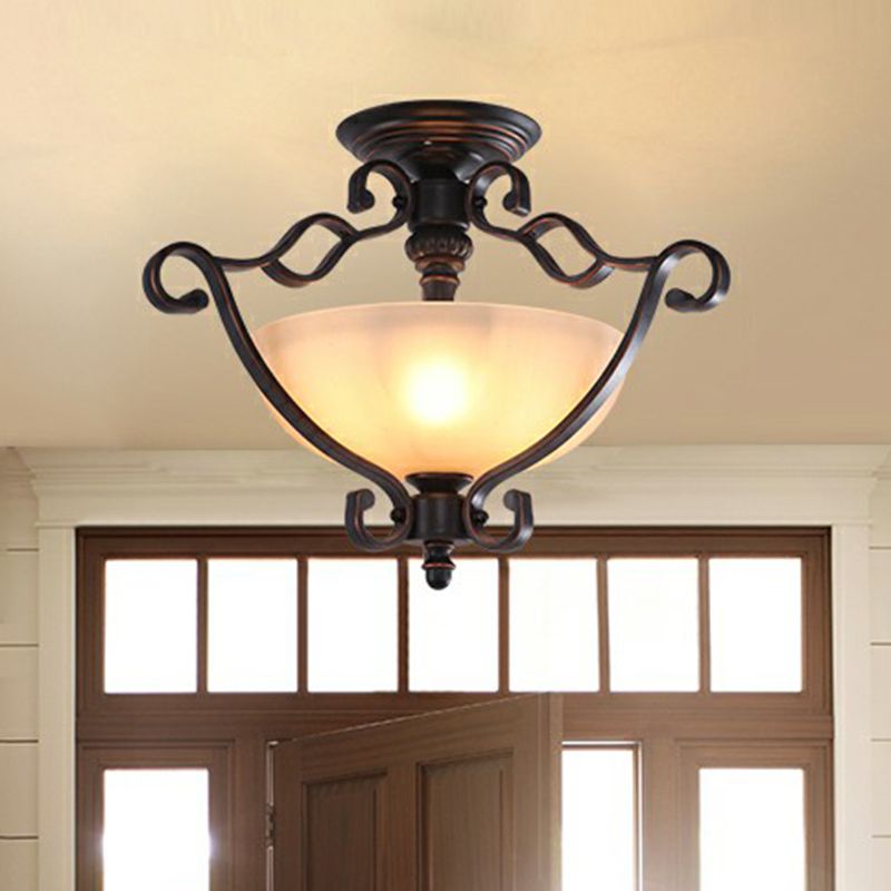 Copper Single Semi Flush Light Rustic Iron Scrolled Ceiling Flush Mount with Bowl Beige Glass Shade