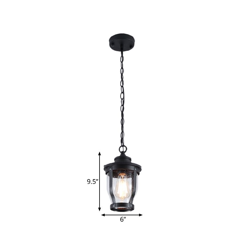 1 Bulb Lantern Shape Pendant Light Kit Rustic Textured Black Finish Clear Glass Ceiling Lamp for Balcony