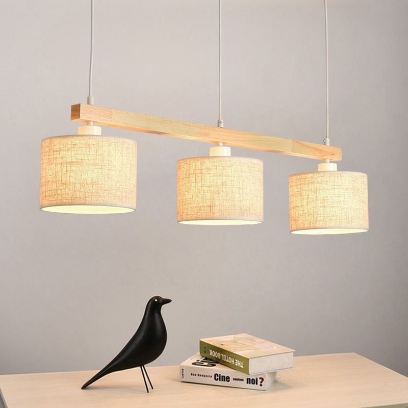 Simple Style 3 Heads Flaxen Square/Drum Island Pendant Light with Fabric Shade for Dining Room