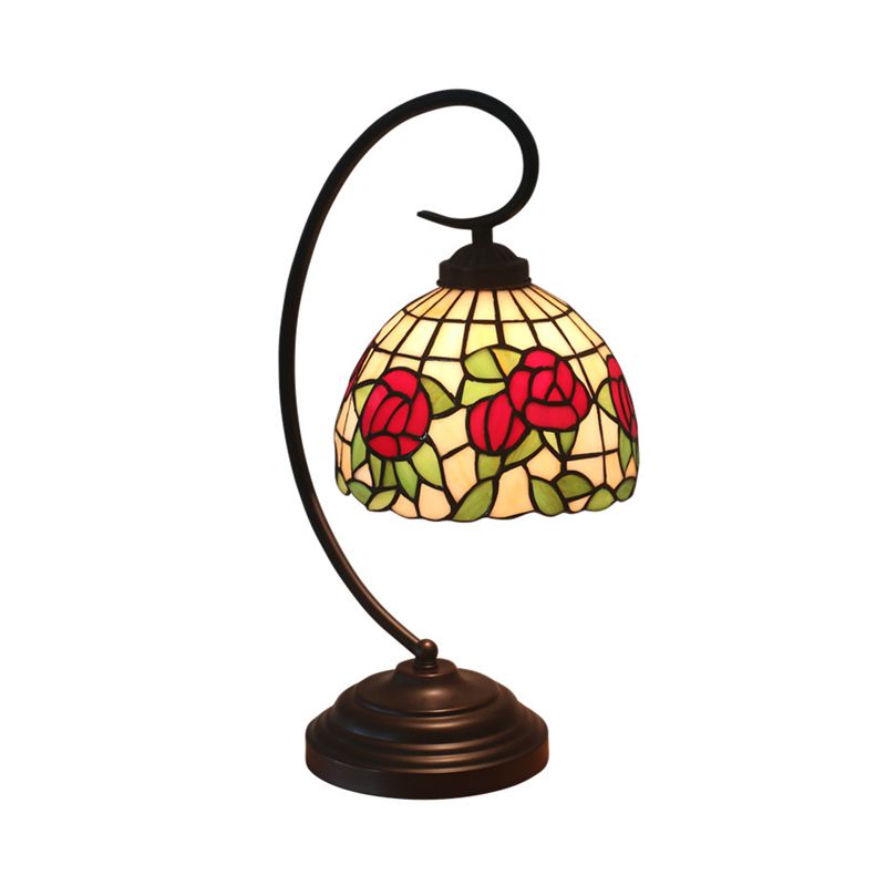 1-Bulb Domed Table Lighting Baroque Red/Pink/Brown Cut Glass Rose/Tulip Patterned Nightstand Lamp with Curvy Arm