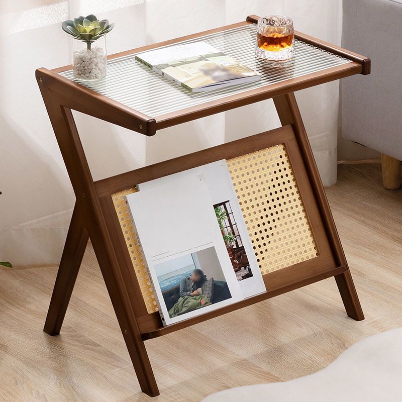 Asian Style Accent Side Table Wood and Glass with Storage and Shelf Corner Table