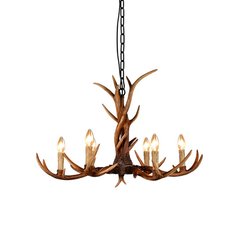 Fake Antler Chandelier Lighting Rustic Brown Resin Ceiling Light with Candle Design