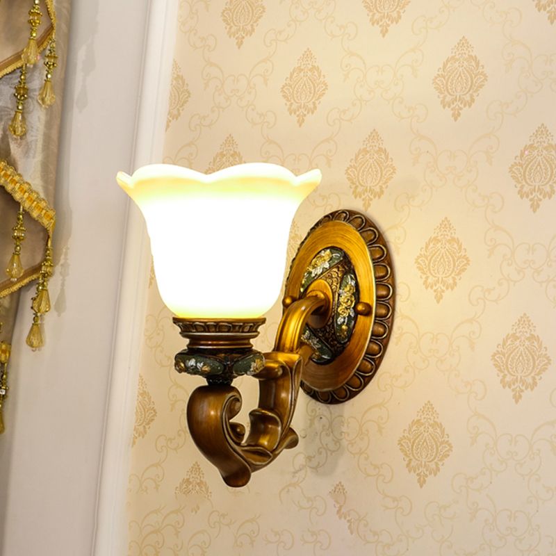 Antique Blossom Shade Wall Lamp 1/2-Light Faceted Crystal Sconce Light Fixture in Brown for Bedroom