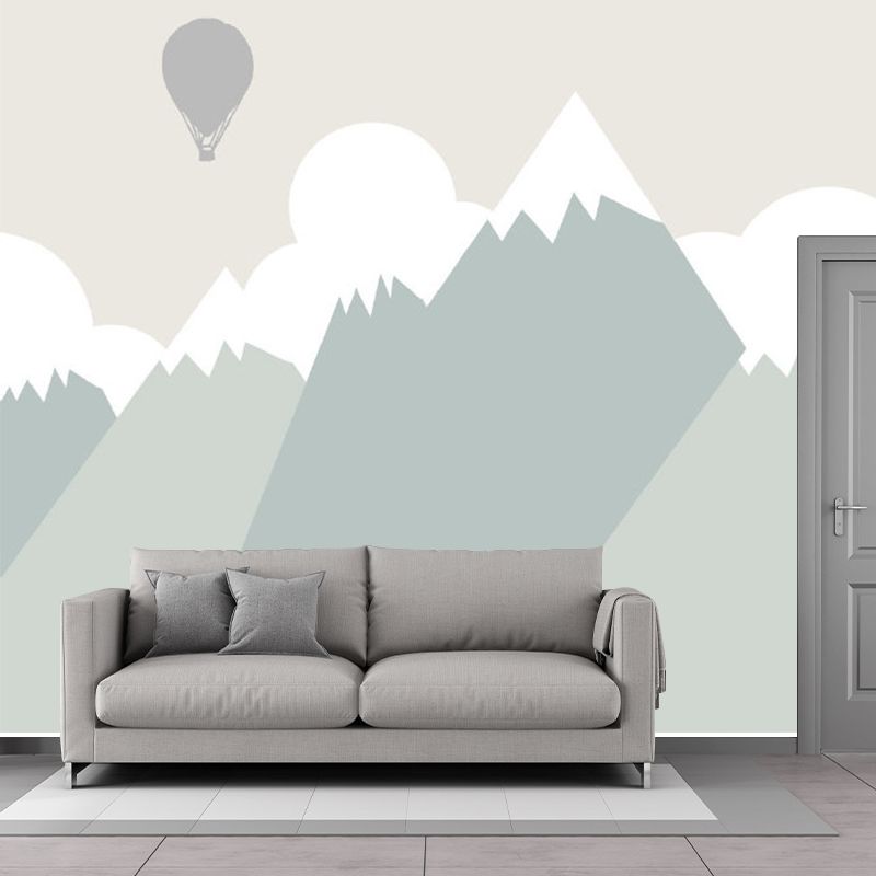 Hot Air Balloon Wall Murals in Grey and Green, Kids Style Mountain Wall Decor for Home