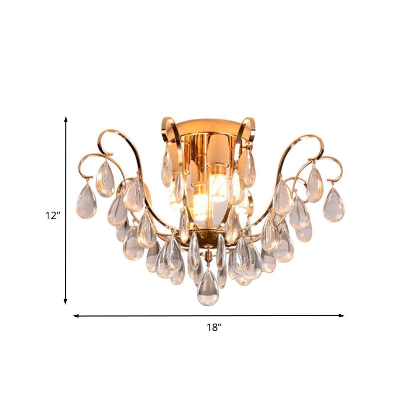 Gold Scroll Flush Mount Chandelier Vintage Crystal Droplet 4-Bulb Hotel Ceiling Light Fixture