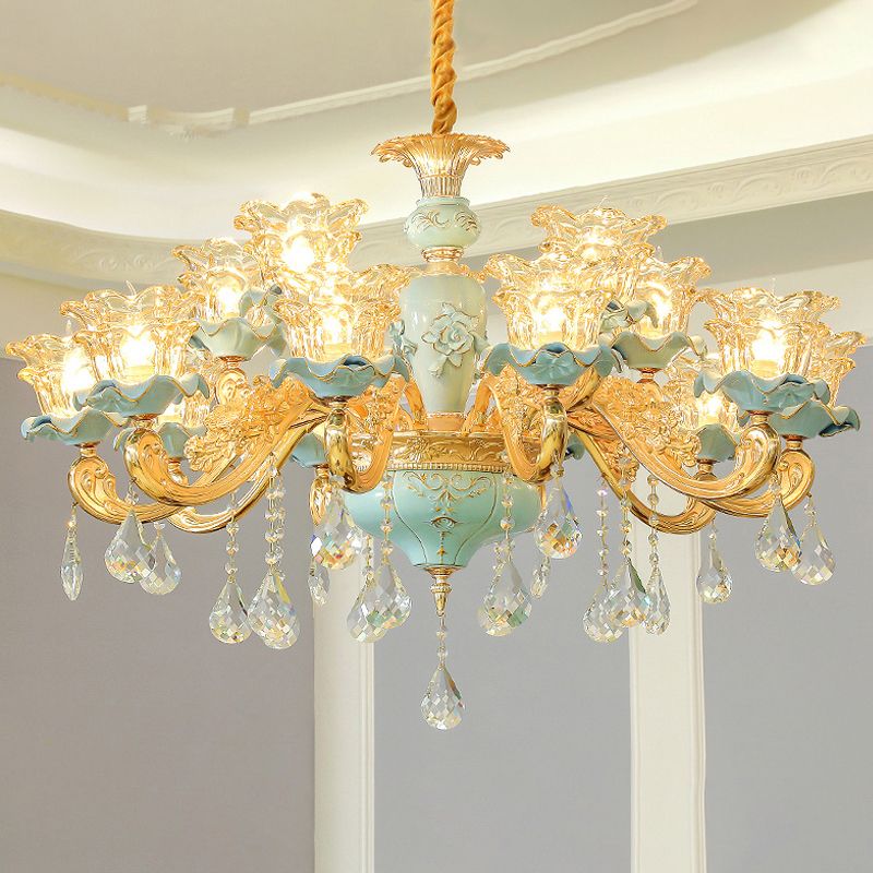Ruffle Glass Flower Chandelier Pendant Light Vintage Living Room Hanging Light with Hanging Crystal in Blue