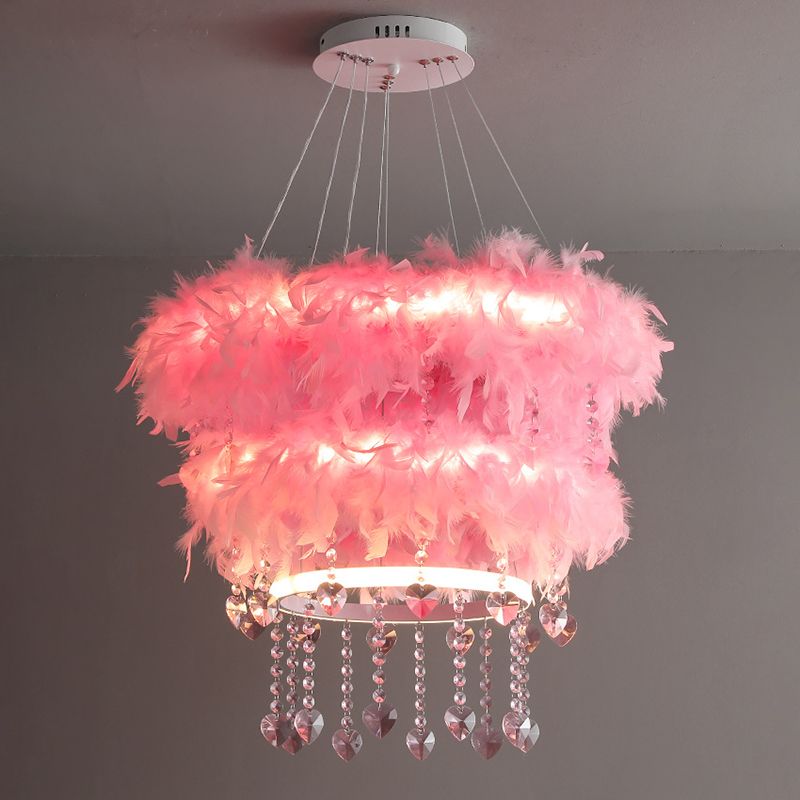 Tapered Feather Chandelier Pendant Nordic LED Hanging Light Fixture with Crystal Decor for Dining Room