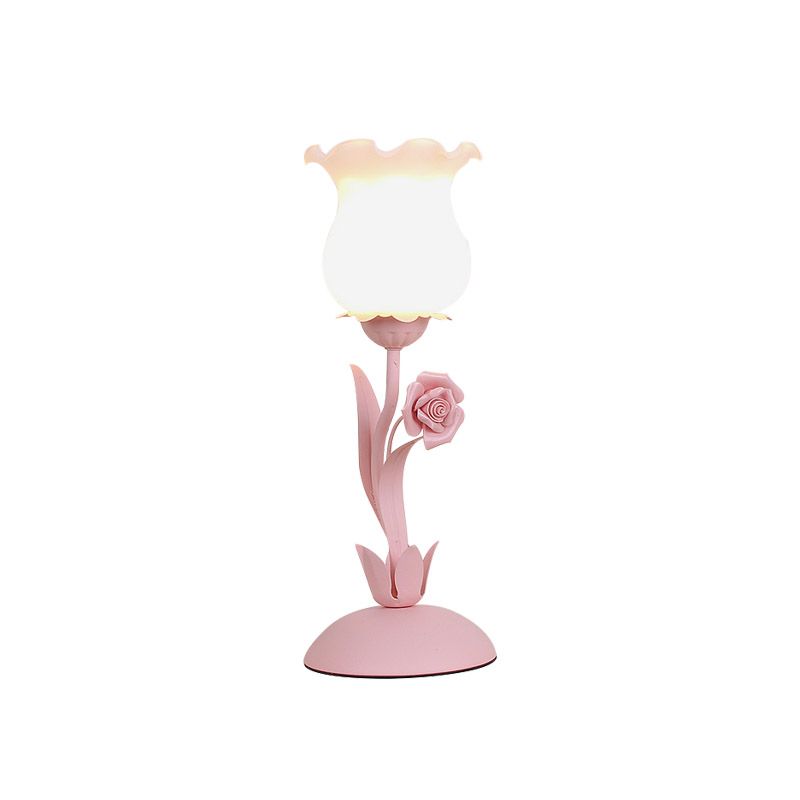 Pastoral Rosenknospetisch Licht 1 Kopf Opal Mattglas Nachttisch Lampe mit rosa/blau/grüner Rebe