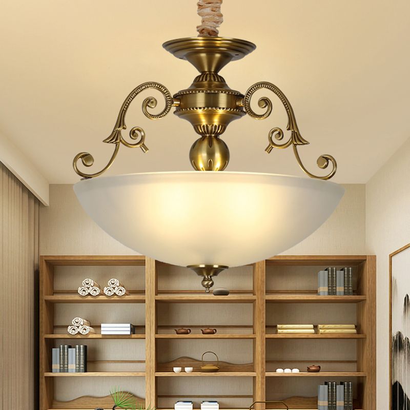3 Heads Chandelier Light Retro Bowl Frosted Glass Pendant Lighting Fixture in Gold