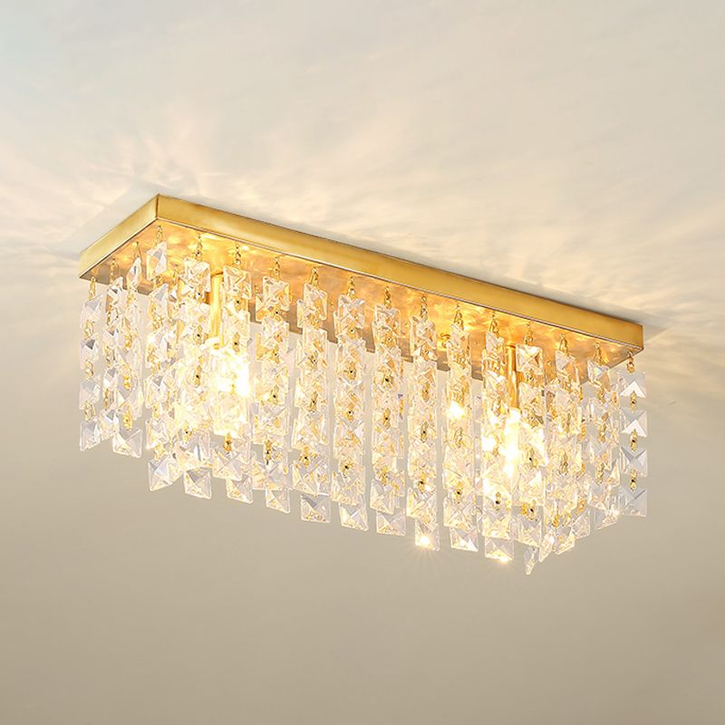 Rectangle Living Room Flush Mount Fixture Clear Crystal 2 Heads Contemporary Flush Ceiling Light in Brass