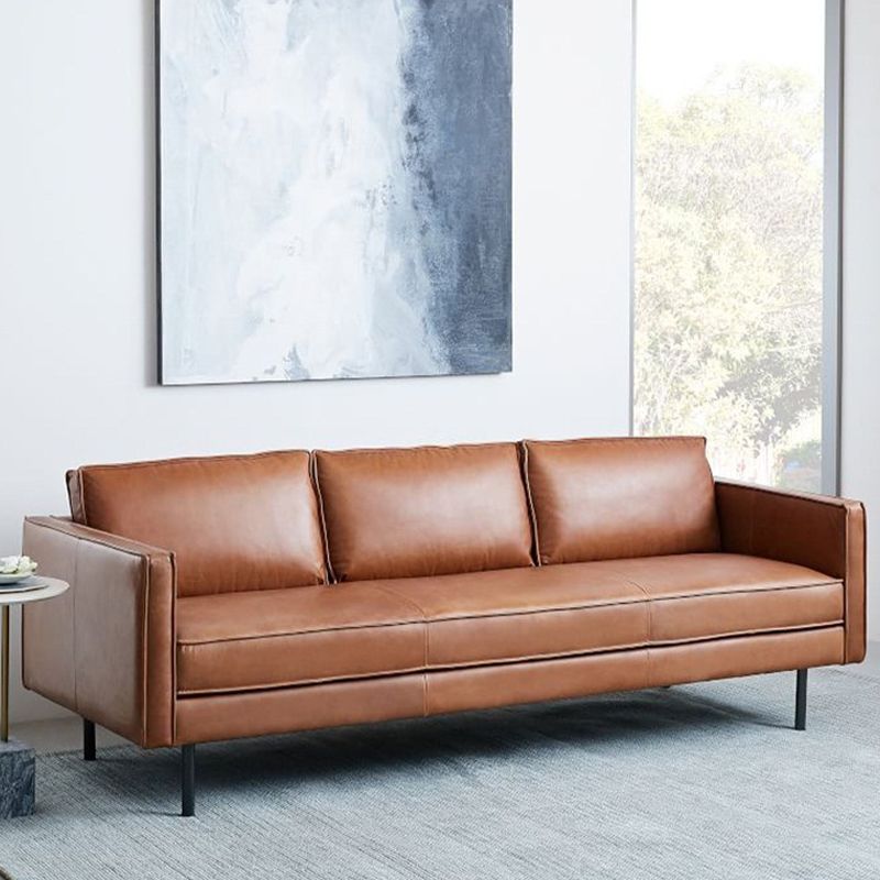 Brown Leather Settee Furniture Loose Back Square Arm Loveseat