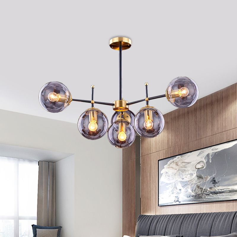 Globe Ceiling Mount Chandelier Vintage Smoke Glass 6-Light Living Room Semi Flush Light Fixture in Black-Brass