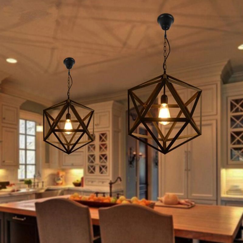 Hexahedron Wrought Iron Cage Hanging Light Vintage Industrial Style Lighting Fixture with 31.5" Adjustable Suspended Chain