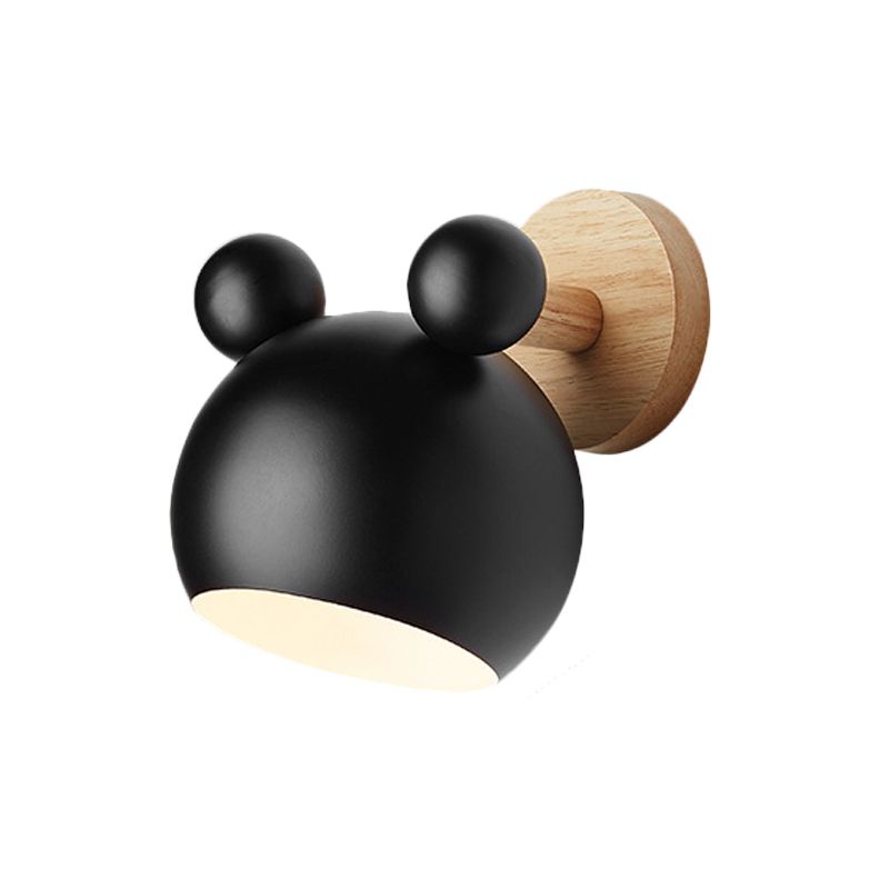 Bear/Bell Rotating Wall Mounted Lamp Macaron Iron 1-Head Bedside Reading Wall Light in White/Pink/Green and Wood
