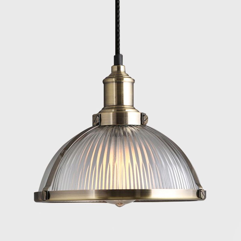 Ribbed Frosted Glass Dome Shade Hanging Light Metal Lamp Holder Bedside Lamp with 59" Adjustable Hanging Cord