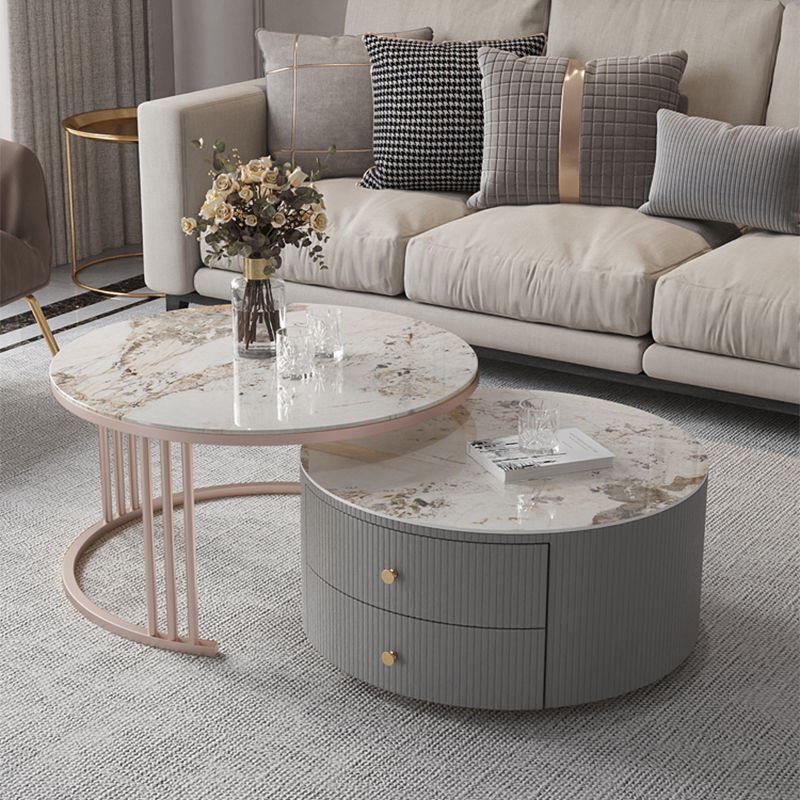 Modern Cocktail Table Round Glass / Slate Coffee Table with Storage