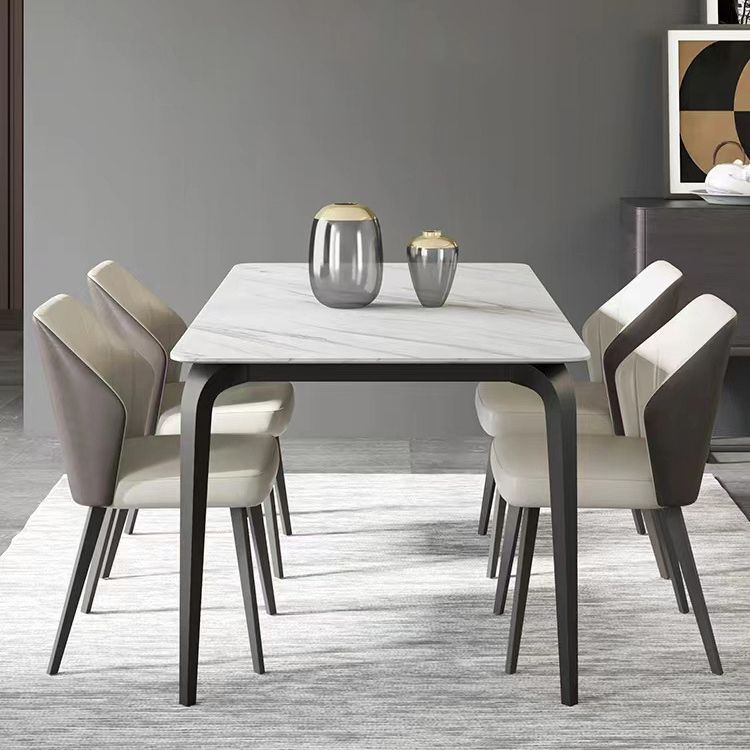 Industrial Rectangle Dining Table White Stone Top Table with Black Metal Legs