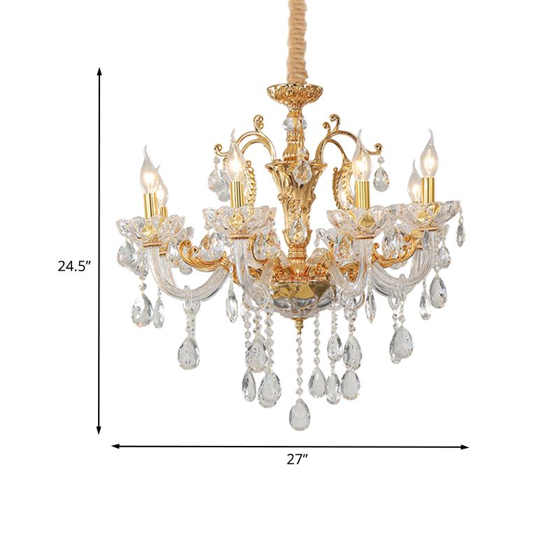 8-Head Candle Pendant Chandelier Traditionalism Gold Clear Crystal Glass Hanging Light Fixture