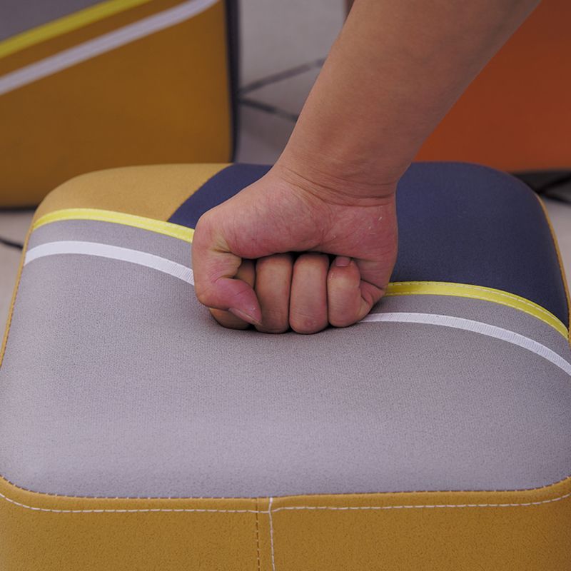 Contemporary Pouf Ottoman Fabric Upholstered Patchwork Solid Wood Frame Square Ottoman